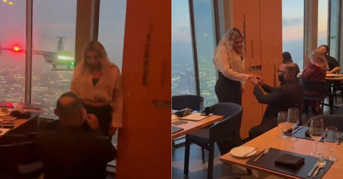 Hombre sorprende al pedir la mano su novia con mensaje en helicóptero en el edificio más alto de la ciudad
