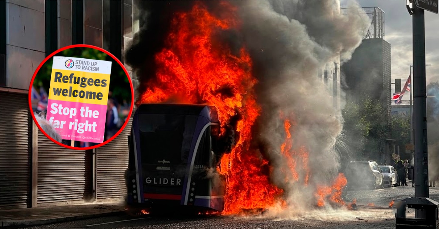 Manifestantes prenden fuego a un autobús en en medio de protestas antiinmigración