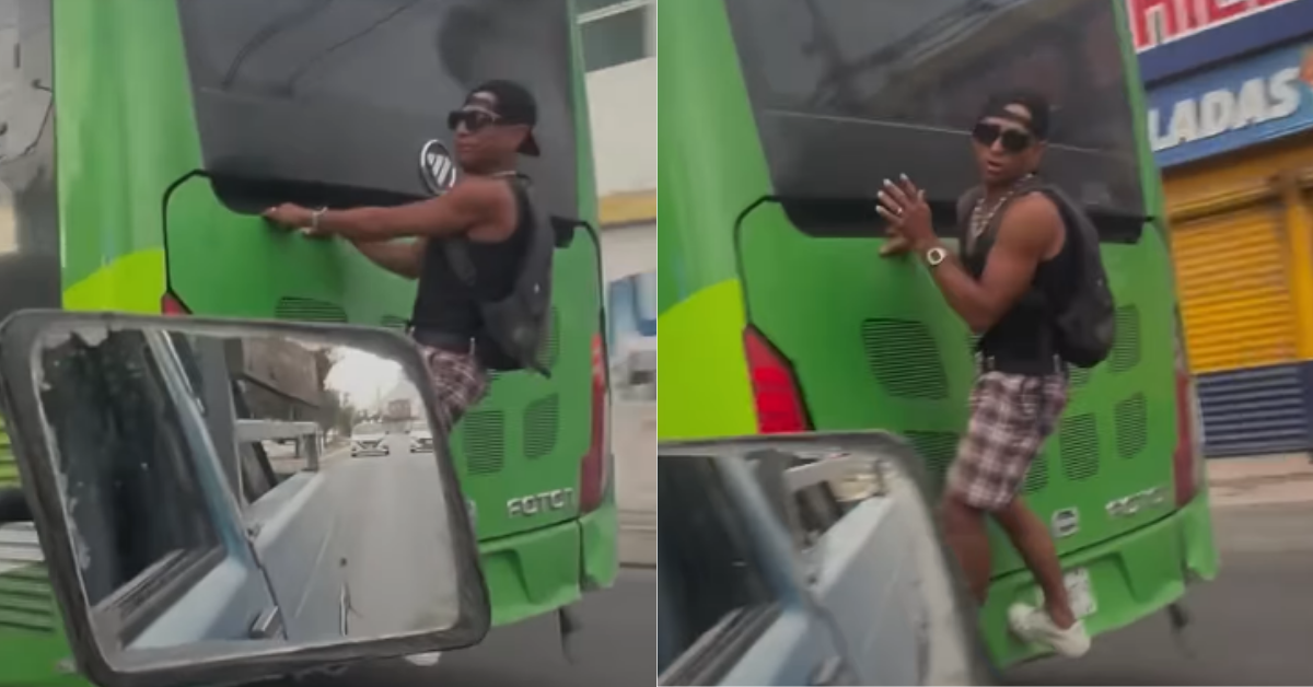 Hombre genera polémica al viajar colgado en la parte trasera de un bus: "Adentro voy muy apretado"