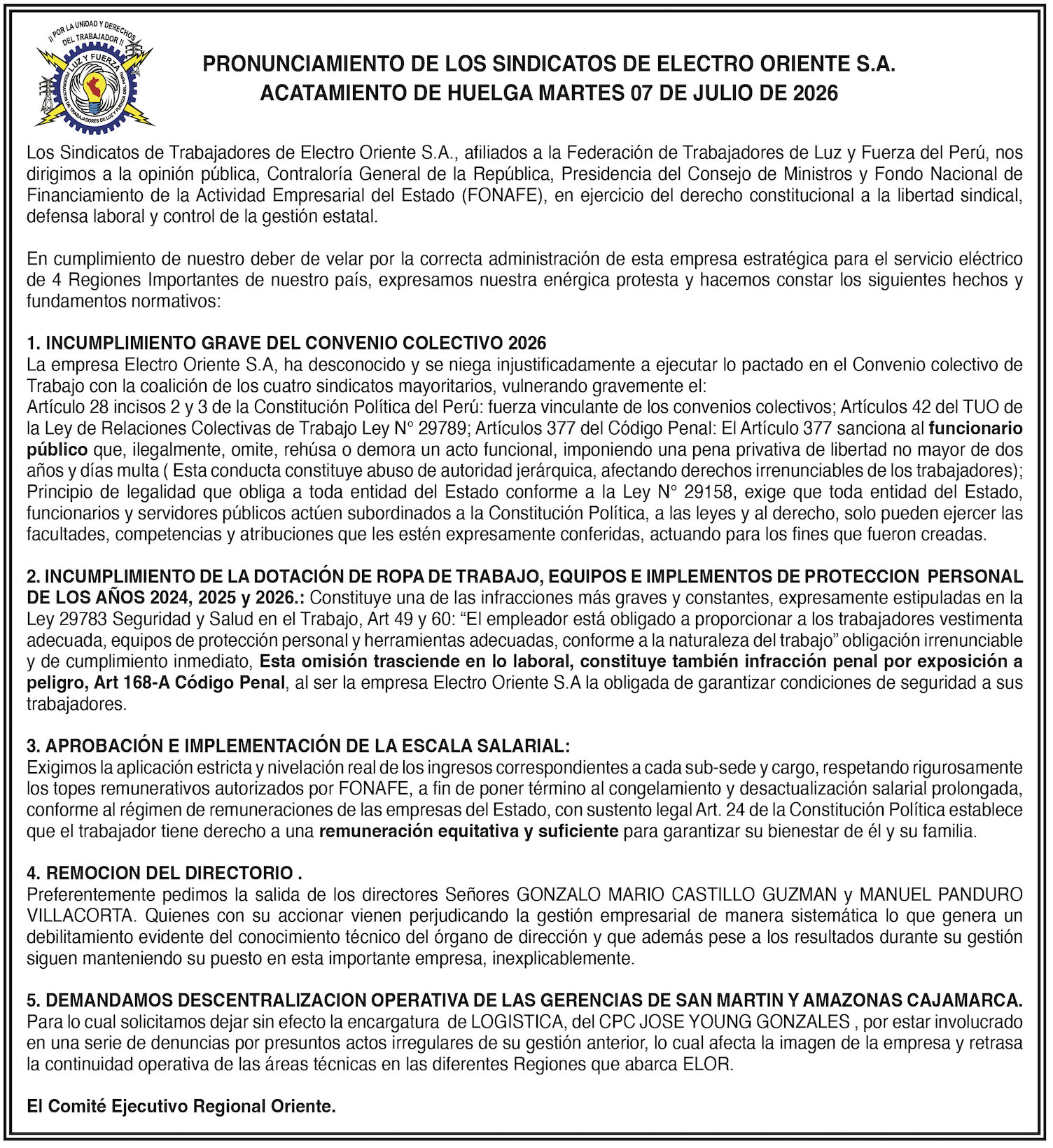 Sindicatos de Electro Oriente anuncian huelga para este martes 7 de julio